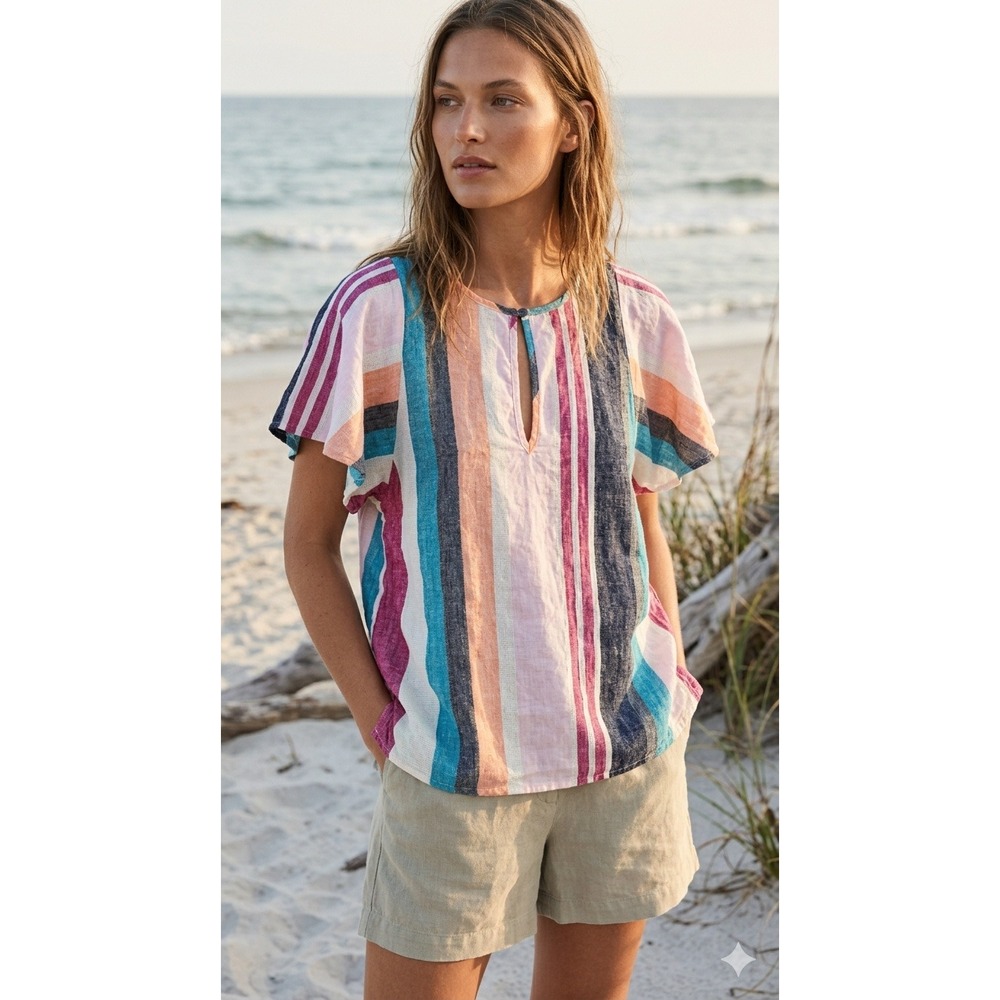 J Crew Linen Bohemian Top Coastal Stripe Modern Preppy Beach Vaca Size 6  Casual